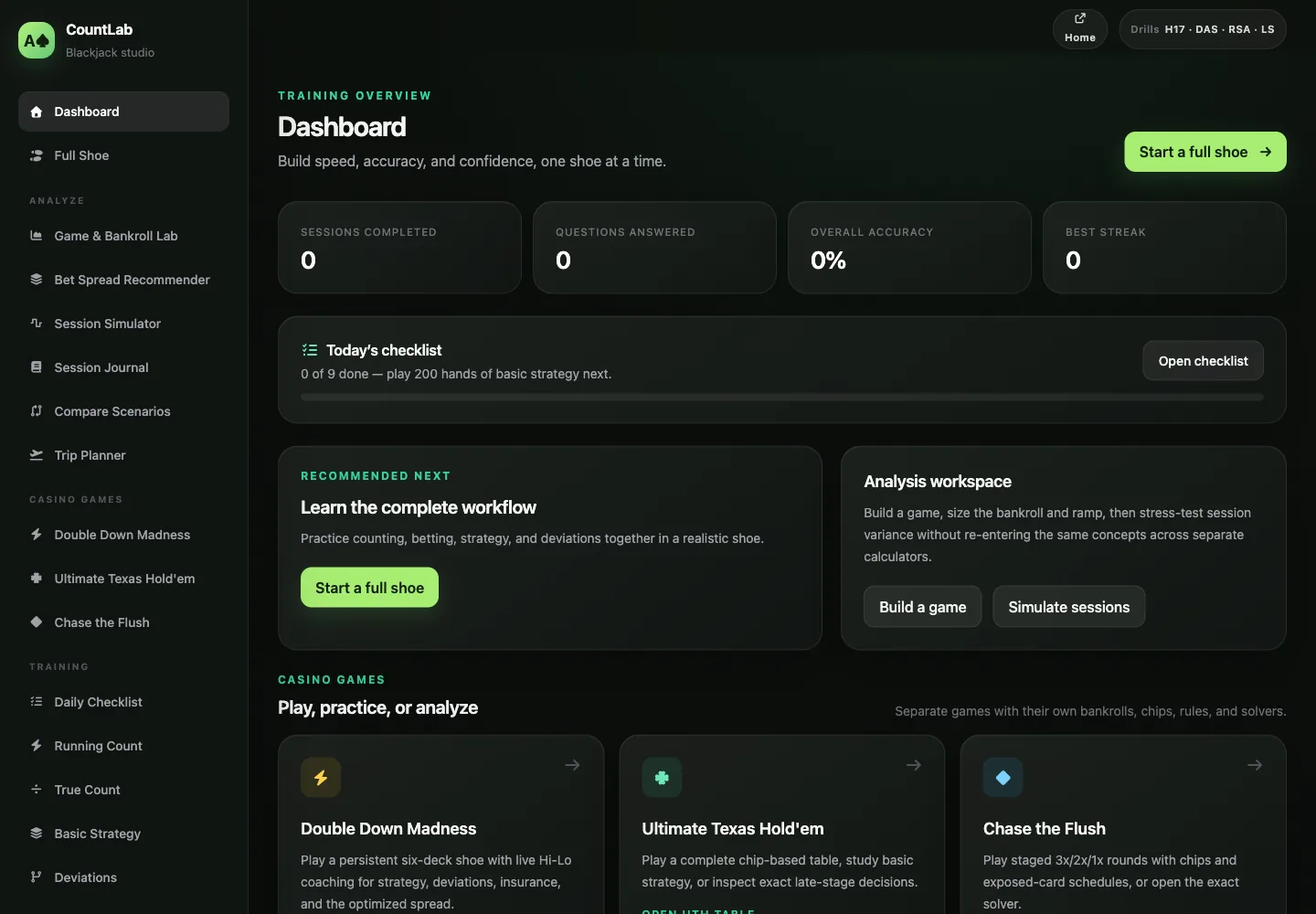 The dashboard, linking the training drills and the analysis workspace