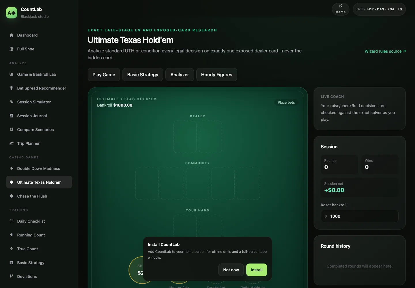 The Ultimate Texas Hold’em table, where decisions are checked against an exact solver as you play