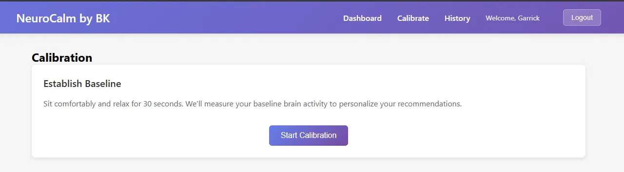 Calibration. Thirty seconds of rest is recorded as a personal baseline before any score is reported