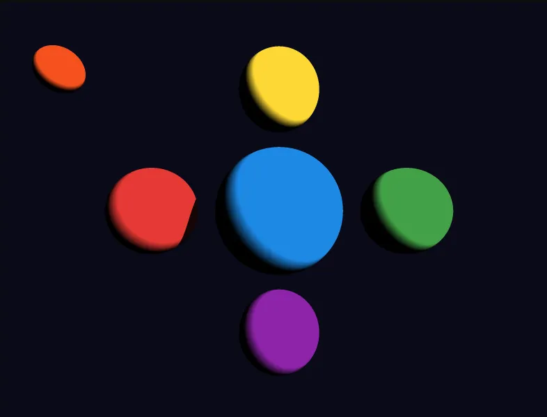 Five spheres with diffuse shading against a dark background