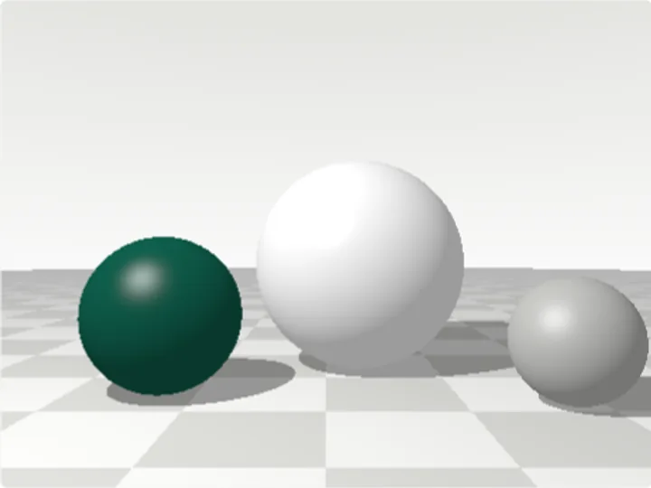 A ray traced scene: three spheres on a checkered plane, lit by a single light.